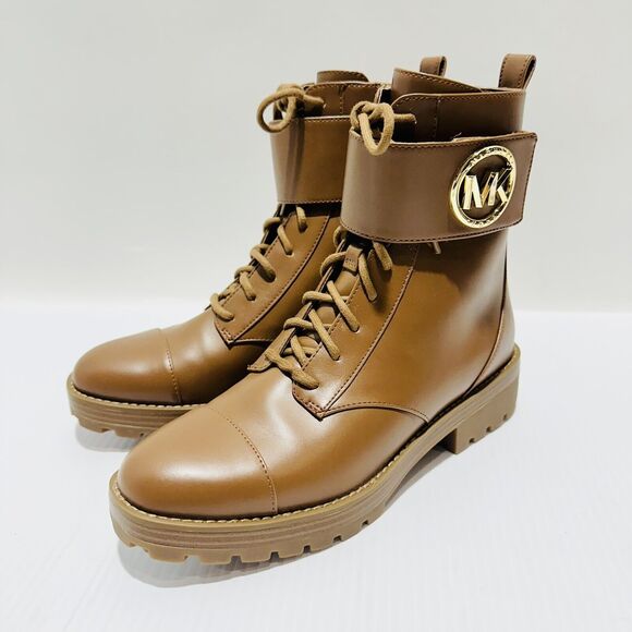 Michael Kors Tatum US 7.5 Combat Boots Brown Faux Leather Ankle Zip NWOB $225 - Picture 1 of 9